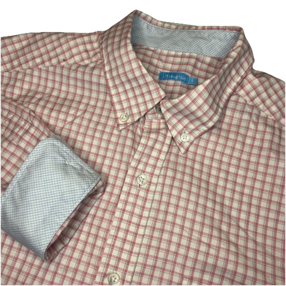 J McLaughlin Men's Size Small Pink & White Checkered Button Up Long Sleeve Shirt